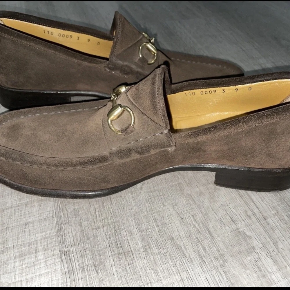 GUCCI Tom Ford Era Gold Horsebit Brown Suede Loafers Shoes Size US 9D